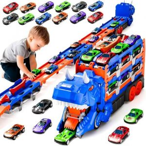 Camion Dinosaure Jouet Enfant &ndash; Camion Transport Voiture avec 18 Mini Voitures Piste de Course Garage 2 Niveaux &ndash; Jouets 3 Ans+