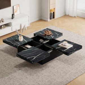 Table Basse Carrée Noire Marbre 90x90x25cm 4 Tiroirs + Plateau Coulissant Charge 30kg Design Moderne