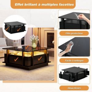 Table Basse moderne haute brillance LED int&eacute;gr&eacute;e cloison acrylique transparente 2 tiroirs dimension 70x70x35 cm-Noi TABLE BASSE