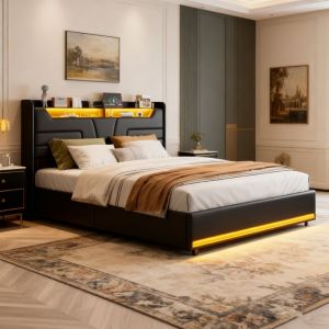 Lit coffre 140x190 - POCKETPOP - PU noir - T&ecirc;te de lit avec Led et Usb - Cadre de Lit avec Sommier &agrave; Lattes en Bois - 2 places