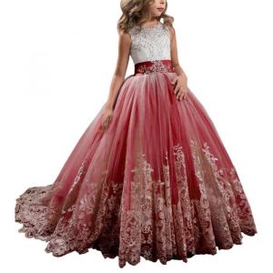 Princesse Robe FillesBrod&eacute;es Robe Ceremonie Fille de SoireeSans manches Robe Mariage Fille de Communion Costume XH493 rouge