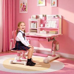 FLASIDU Bureau enfant Bureau enfant avec chaise Ensemble Bureau et Chaise pour Enfant  Hauteur R&eacute;glableRose3-18 ans117*110*50cm