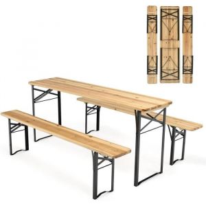 GIANTEX Ensemble de Table et Bancs de Jardin en Bois Pliable,Table de Pique-Nique 4 Places, Cadre en Métal, Charge 300+75KG