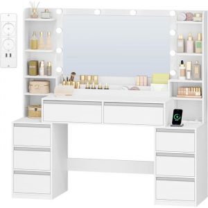 135cm Coiffeuse avec Miroir 3 LED &agrave; Luminosit&eacute; R&eacute;glable Prises de Courant Support pour S&egrave;che-Cheveux 8 Tiroirs Blanc-Argent