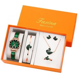 Coffret montre femme + bracelet + des boucles doreilles + bague + collier – bijoux femme diamant cygne grâce vert cadeau