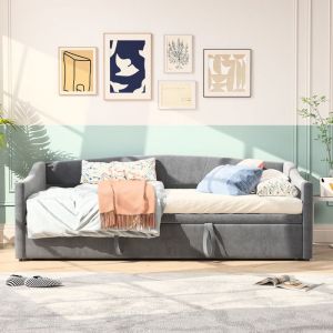 Lit Gigogne 90/180x200 cm avec Lit Extensible Canapé-Lit avec Lit Escamotable Lit Rembourré Canapé Tissu en Velours Gris