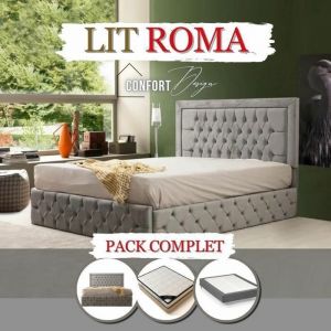 LIT ROMA PACK COMPLET GRIS180x200: CADRE DE LIT ROMA + SOMMIER + MATELAS
