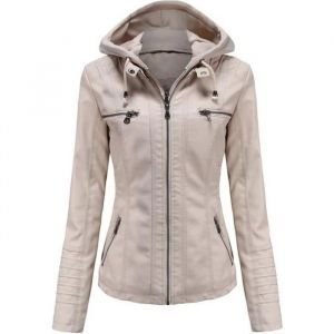 Blouson Femme Simili Cuir à Capuche Amovible Printemps et Automne Veste Zippee Couleur Unie - Beige - INSFITY