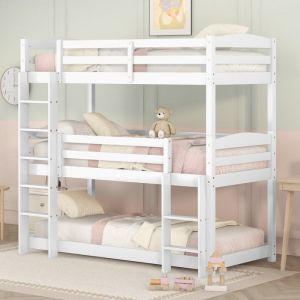 Lit superposé 90x200 cm Lit enfant simple triple superposé en bois sans matelas Blanc