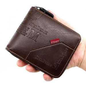 Portefeuille Homme ZipTri-pli Portefeuille Pliant en PU Cuir 6 Cartes-Caf&eacute; fonc&eacute;