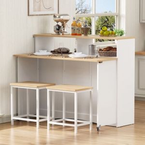 &Icirc;lot de cuisine sur roulettes - coin repas extensible avec chaises - grand espace de rangement - 110x34-68x97.5cm - Blanc