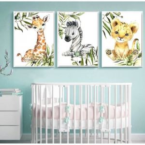 Lot de 3 Affiche Animaux Safari Poster Jungle Girafe Zebre Lion Murale 30x40cm Enfant Bebe Chambre Toile Decoration sans Cadre