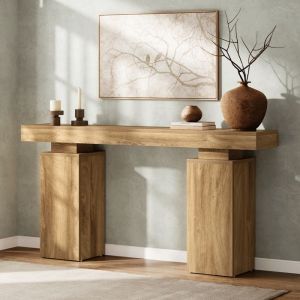 Table Console en Bois Clair Tribesigns160x30x85 cmTable dEntr&eacute;e Avec Pieds Carr&eacute;s en Bois Pour Entr&eacute;eSalonChambre
