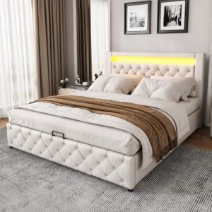 Lit coffre adulte 140 x 200 cm en similicuir avec LED, Coffre de rangement, Sommier à lattes inclus, Sans matelas, Scandinave, Blanc