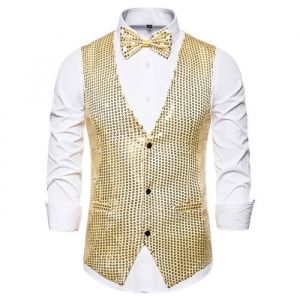 Gilet De Costume Homme Slim Col V Sans Manche Soirée Couleur Unie Avec Paillettes - Or