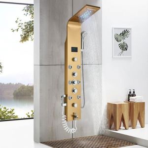 Colonne de Douche LED Gold Panneau Mural Douche (Pour baignoires) Système de Colonne de Douche Hydromassante à 6 Jets