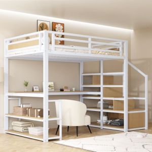Lit mezzanine en m&eacute;tal 140 &times; 200 cm avec &eacute;chelle de rangement &eacute;tag&egrave;re et bureau lit pour enfant barri&egrave;re de s&eacute;curit&eacute; blanc