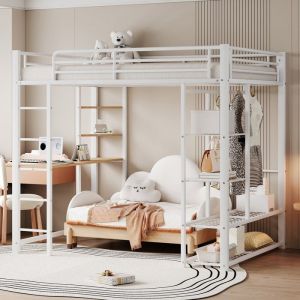lit mezzanine 140x200 en métal avec bureau lit surélevé 2 places avec échellecintres simples et compartiment de rangement blanc
