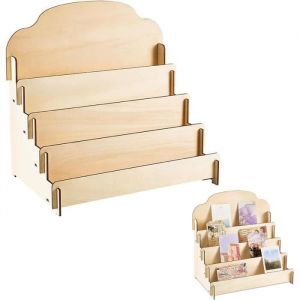 Présentoir en bois à 4 étages pour cartes de vœux - Présentoir à bijoux - Pour cartes postales - Autocollants cartes (couleur bois)