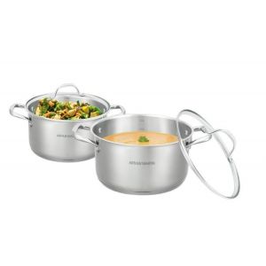 Set de 2 marmites - Tous feux dont induction - ARTHUR MARTIN - AM0155 - Acier inoxydable - &Oslash; 24-28 cm + couvercle en verre - Inox