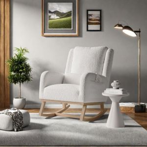 Fauteuil &agrave; Bascule - Rocking Chair - Blanc - Tissu en Sherpa - Style Scandinave