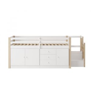 Lit mezzanine 90x200 cm en MDF blanc au design moderne avec rangements int&eacute;gr&eacute;s et escalier s&eacute;curis&eacute;