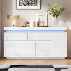 Meuble de salon 140x35x725cm buffet commode meuble dappoint &agrave; 2 tiroirs meuble &agrave; tiroirs laqu&eacute; brillant 4 portes LED blanc