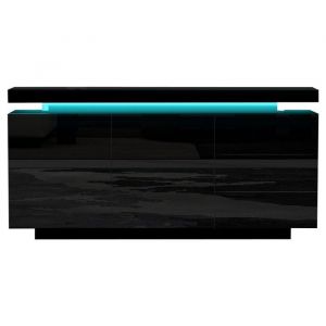 Buffet/sideboard moderne noir laqu&eacute; brillant 2 portes 3 tiroirs &eacute;clairage LED sans poign&eacute;es 140x35x72.5 cm - meuble rangement salon