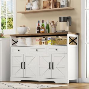 Buffet Bahut 4 portes 3 tiroirs Armoire de cuisine Buffet bas de salon Style Rustique 140x35x95cm Meuble de rangement Blanc