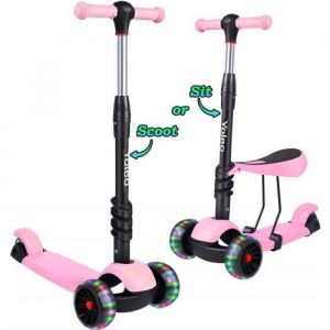 Yoleo 3 en 1 Trottinette Scooter Enfants avec Siège Amovible Roues à LED Hauteur Réglable 65 - 77cm Pour Enfant 2-8 Ans Rose et