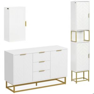 Lot de meubles de rangement kleankin - buffet armoire murale et meuble colonne - &eacute;tag&egrave;re r&eacute;glable pieds en acier - dor&eacute; blanc