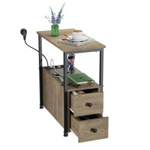 Table dAppoint avec Station de Charge - Gris - 60X30X61cm - 2 Tiroirs - Table Basse USB