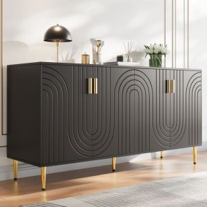 Buffet Cuisine Avec 4 Portes Buffet Bas Salle A Manger Design Unique En VaguesPoignées Et Pieds Dorés 152 X 40 X 75 Cm - Noir