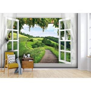Papier Peint Panoramique Fenêtre Fenêtre Paysage 3D Poster Mural pour Salon Chambre Décoration Murale 250x175 cm