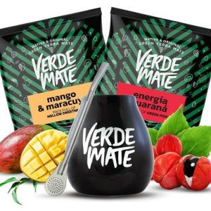 Yerba Mat&eacute; Kit Verde Mate Guarana Mango & Maracuya 2x50g Calebasse Mate en Tasse noire C&eacute;ramique 350 ml Bombilla