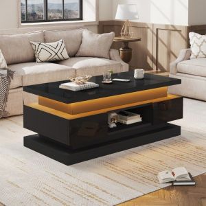 Table basse relevable 100x50 cm noir laqu&eacute; brillant LED 2 tiroirs et rangement dissimul&eacute; console et salon panneaux de particules