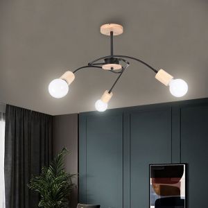 WOTTES Plafonnier Industriel 3 Lumi&egrave;res Lustre Vintage M&eacute;tal et Bois Suspension Luminaire Plafonnier Industrielle pour Restaurant