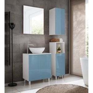 Ensemble de meuble de salle de bain - Nika - Turquoise/Blanc - Style minimaliste - Grand miroir