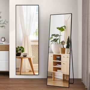164 x 54 cm Miroir sur pied rectangulaire noir deen verre tremp&eacute;avec un cadre en m&eacute;tal et un support en forme de Udesign moderne
