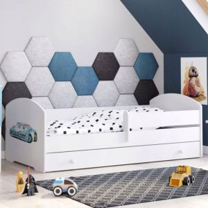Lit pour enfant LUK &ndash; Blanc 160 x 80 cm avec barri&egrave;re tiroir et matelas &ndash; avec motif de voiture de police
