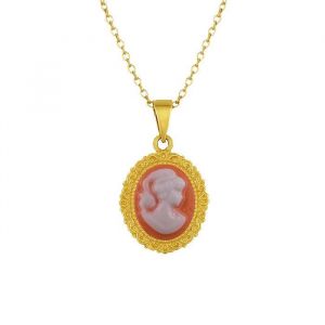 Collier Cam&eacute;e Femme Plaqu&eacute; Or 18 Carats &ndash; M&eacute;daillon Vintage Corail et Blanc en R&eacute;sine &ndash; Cha&icirc;ne 42 cm &ndash; Bijou &Eacute;l&eacute;gant et Intemporel