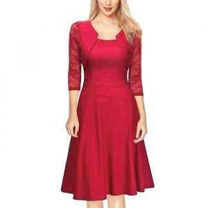 Robe De Soirée Dentelle Femme Manches 3-4 Mi-Longue Jointif Robe Cocktail Elegant Pour Cérémonie Mariage - Rouge