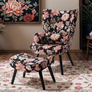 Fauteuil HomeMiYN avec Coussin et Pouf&ndash;Canap&eacute; dangle pour Salon&ndash;Design Noir et Fleurs Rouges