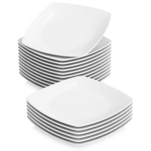 Malacasa JULIA 18pcs Assiettes Plate 23.5cm Vaisselles Porcelaine Assiette Carr&eacute;e Service de Table C&eacute;ramique Blanc Ivoire