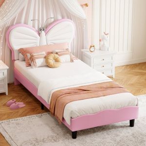 Lit Enfant 90x190 cm avec LedLit Pour Enfant avec Sommier &agrave; Lattes Lit Princesse avec T&ecirc;Te de Lit PapillonBlanc roseFlanelle