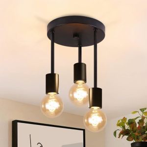 Homefire Plafonnier Vintage Plafonnier Noir Plafonnier Suspendu 3 Flammes Spot E27 avec 3 Spots Lustre Plafonnier Industriel Spots