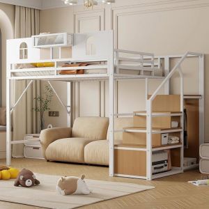 Lit Mezzanine en m&eacute;tal 140x200 cm avec &eacute;chelle de Rangement fen&ecirc;tre &eacute;tag&egrave;re int&eacute;gr&eacute;e Design Unique avec Blanc 140 LIT MEZZANINE