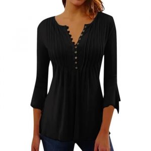 Chemisier Femme - Chic et élégant - Manches 3/4 - Imprimé Plissé - Mousseline de Soie - Noir