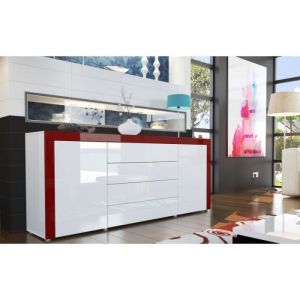 Buffet bas contemporain laqué blanc/bordeaux - Meuble de séjour - 2 portes - 4 tiroirs