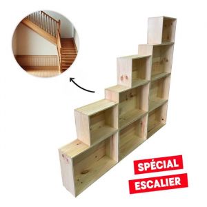 Etagere escalier bibliotheque bois - Meuble 9 cases 100% pin massif pour rangement décoration [ Bibliothèque escalier ]